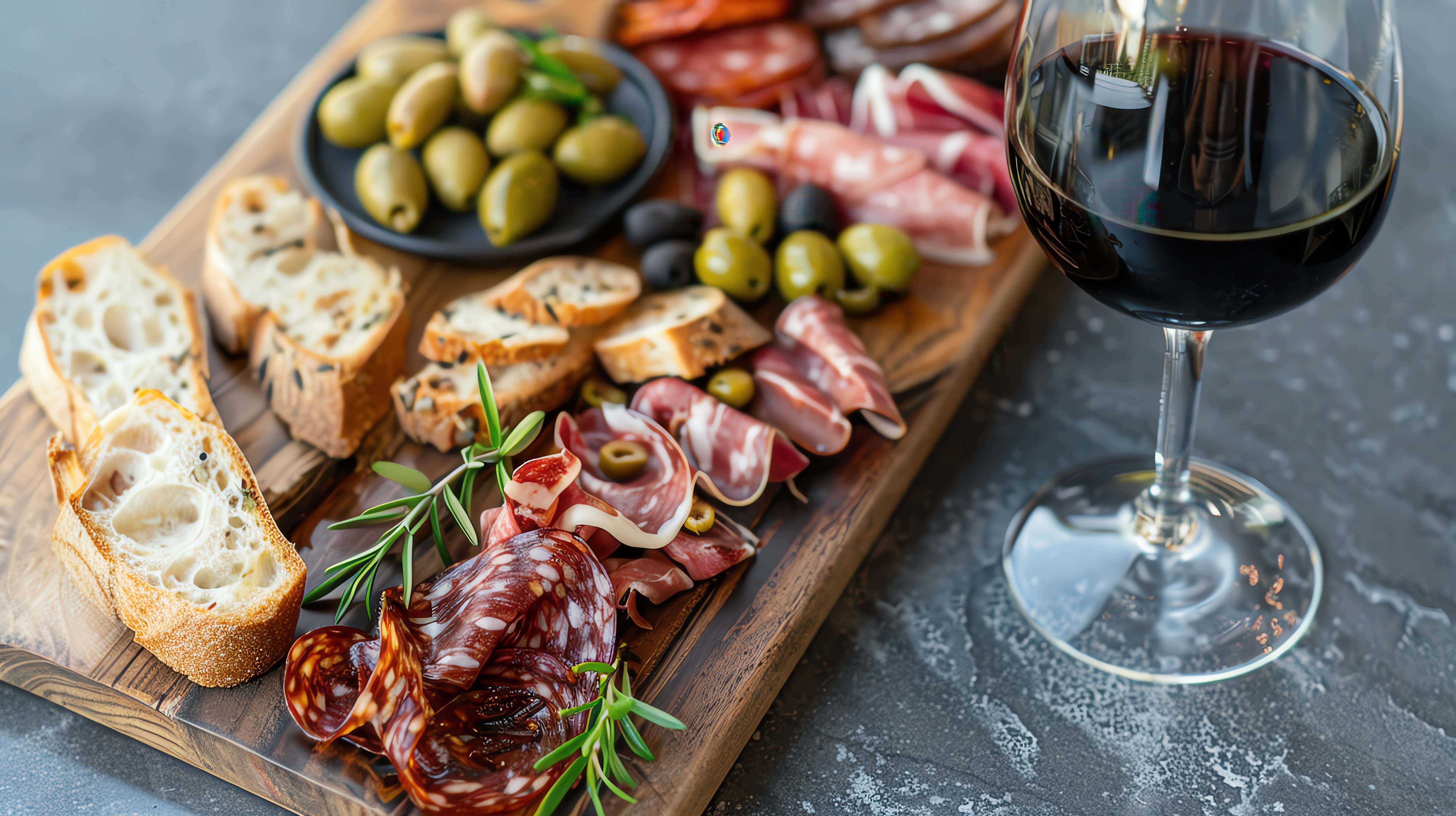 Charcuterie board and glass of wine
